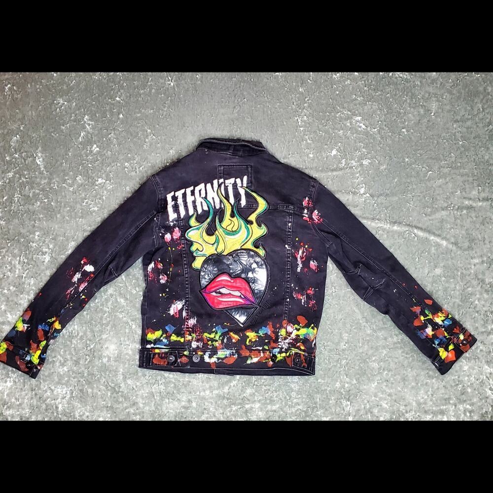 Kloud 9 Denim Black Men's Jacket Paint Splatter‎ Design Size: S